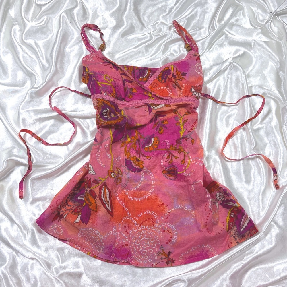 y2k Camisole Pink Excellent SO Floral Beaded Empire Waist Boho Tank Top
